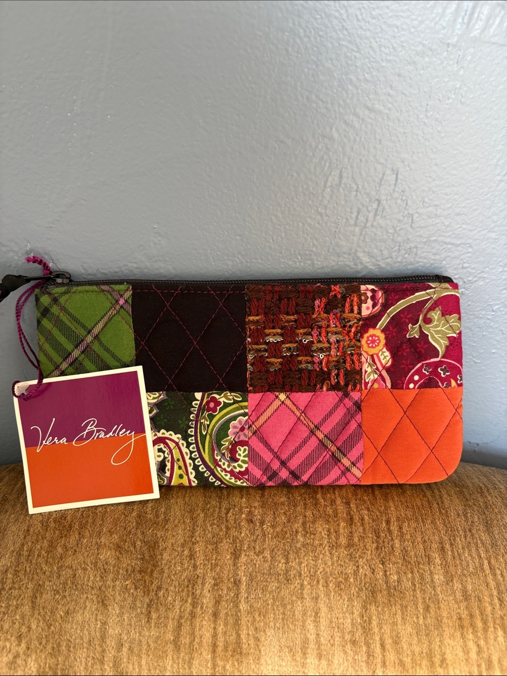 Vera Bradley Quilted Patchwork Zipped Pouch in Pink, Orange & Green